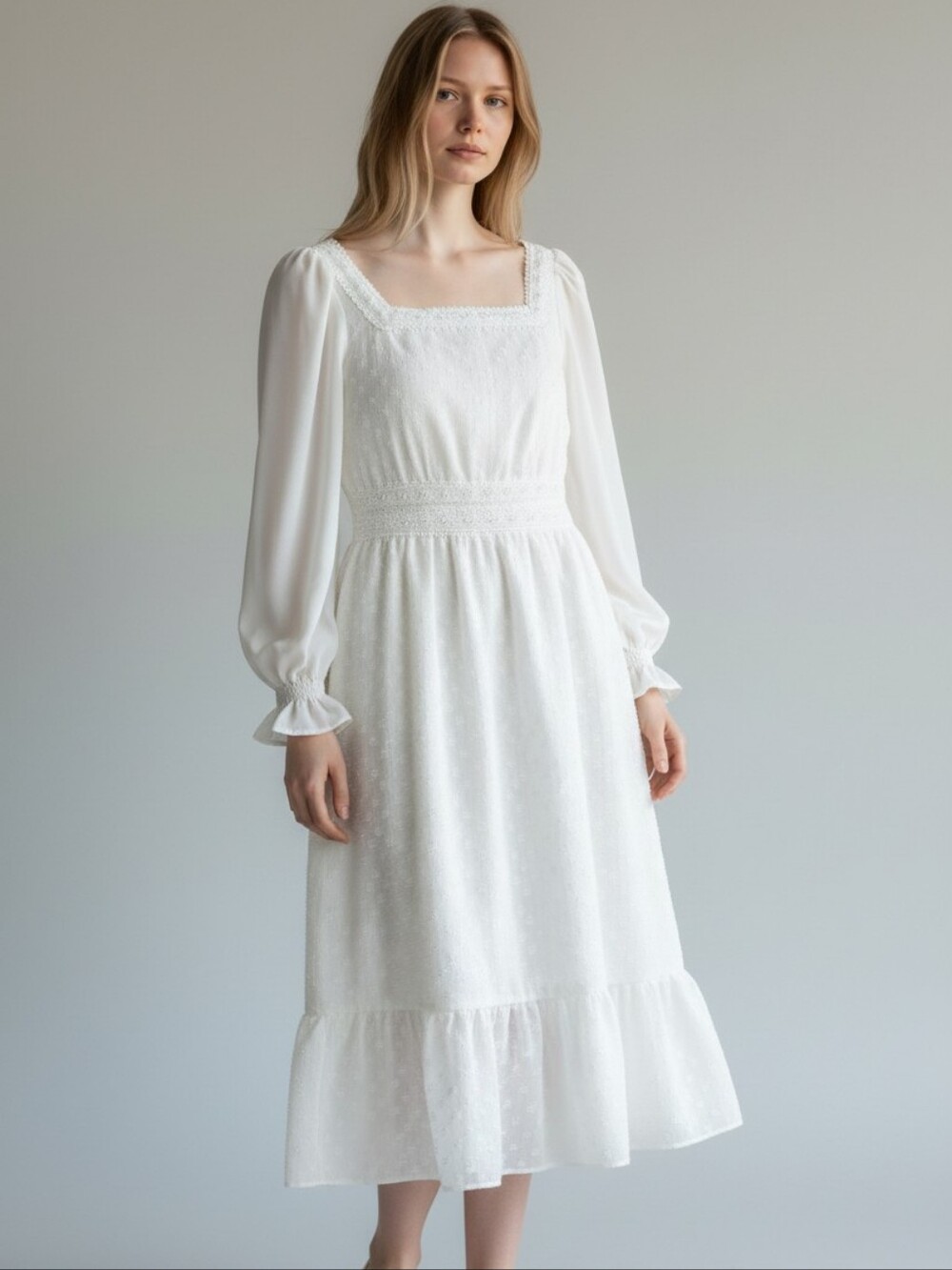 White longsleeve boho midi peasant fairy dress prarie poet sleeves lined S